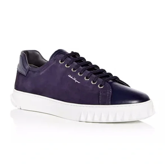 Salvatore Ferragamo $895 Cube Suede & Leather Low-Top Sneakers Navy - Picture 1 of 14